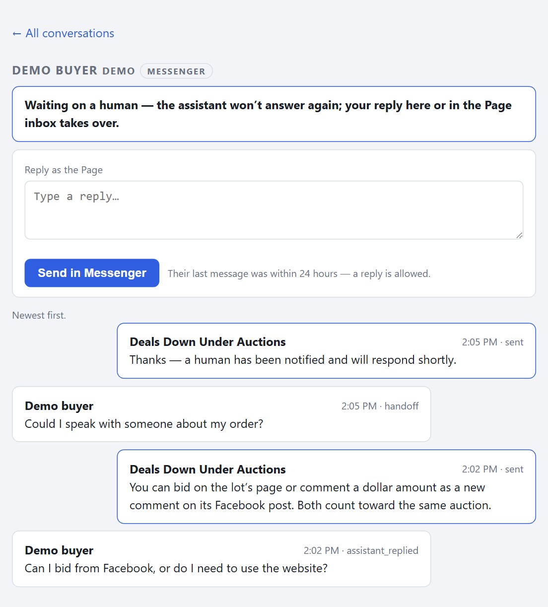 GavelFeed AI inbox showing a buyer conversation handed to a person